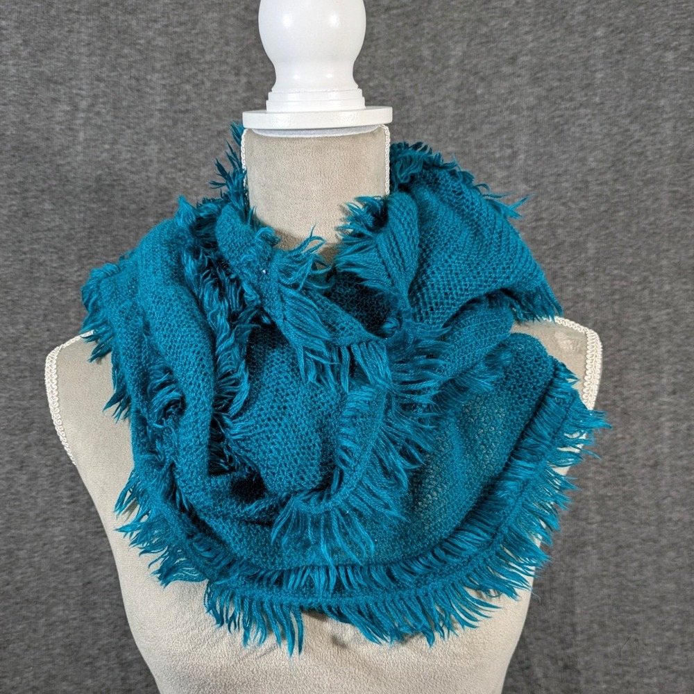 Teal Blue Eyelash Fringe Infinity Scarf Open Knit Acrylic Boho Circle Scarf - Picture 1 of 6
